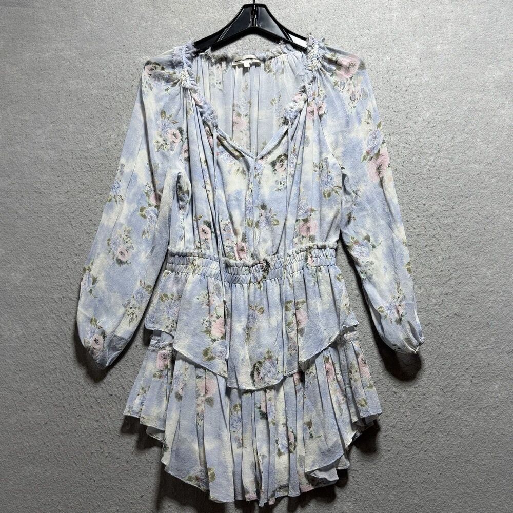 LoveShackFancy Popover Dress in Water Petals Women’s Small Blue Long Sleeve Silk